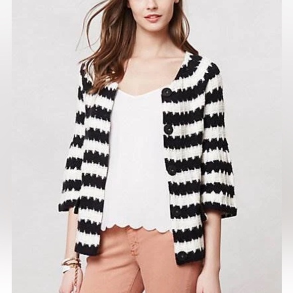 Anthropologie HWR Monogram Chunky Knit Striped Cardigan Black & White Size L EUC - Picture 6 of 16